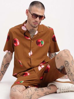 SHOWOFF - Mens Short Sleeves Graphic Cuban Collar Brown Co-Ords (Set of 2)
