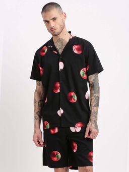 SHOWOFF - Mens Short Sleeves Graphic Cuban Collar Black Co-Ords (Set of 2)