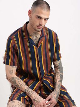 SHOWOFF - Mens Short Sleeves Vertical Stripes Cuban Collar Brown Co-Ords (Set of 2)