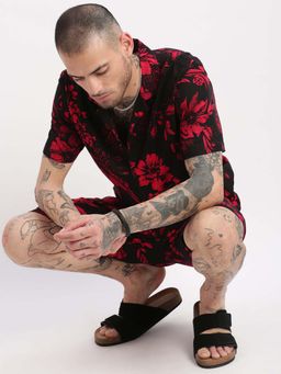 SHOWOFFFF - Mens Short Sleeves Floral Cuban Collar Black Co-Ords (Set of 2)