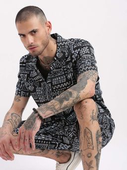 SHOWOFF - Mens Short Sleeves Geometric Print Cuban Collar Black Co-Ords (Set of 2)