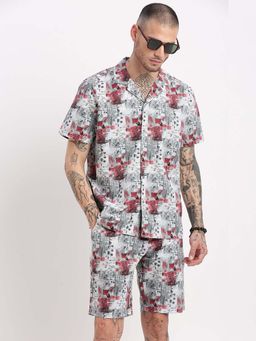 SHOWOFF - Mens Short Sleeves Printed Cuban Collar Grey Co-Ords (Set of 2)