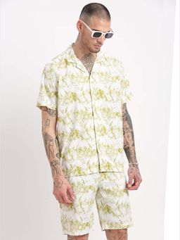 SHOWOFF - Mens Short Sleeves Abstract Cuban Collar White Co-Ords (Set of 2)