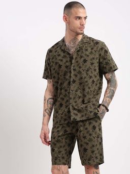 SHOWOFFFF - Mens Short Sleeves Floral Cuban Collar Olive Co-Ords (Set of 2)