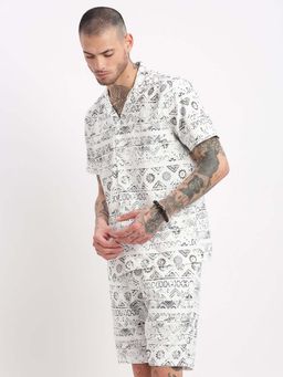 SHOWOFFFF - Mens Short Sleeves Geometric Print Cuban Collar White Co-Ords (Set of 2)