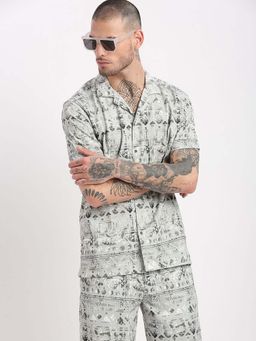 SHOWOFFFF - Mens Short Sleeves Geometric Print Cuban Collar Sea Green Co-Ords (Set of 2)