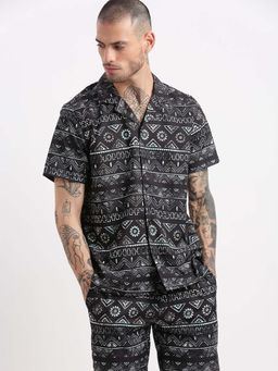SHOWOFFFF - Mens Short Sleeves Geometric Print Cuban Collar Black Co-Ords (Set of 2)