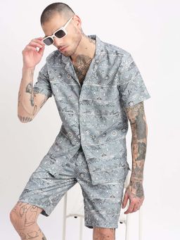 SHOWOFF - Mens Short Sleeves Geometric Print Cuban Collar Grey Co-Ords (Set of 2)
