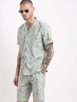 SHOWOFF - Mens Short Sleeves Printed Print Cuban Collar Sea Green Co-Ords (Set of 2)