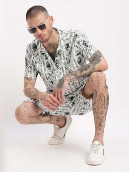 SHOWOFF - Mens Short Sleeves Geometric Print Cuban Collar White Co-Ords (Set of 2)