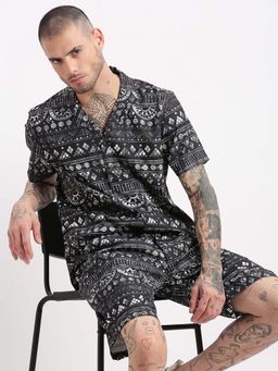 SHOWOFFFF - Mens Short Sleeves Printed Print Cuban Collar Grey Co-Ords (Set of 2)