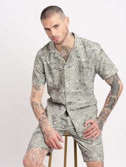SHOWOFF - Mens Short Sleeves Printed Print Cuban Collar Green Co-Ords (Set of 2)