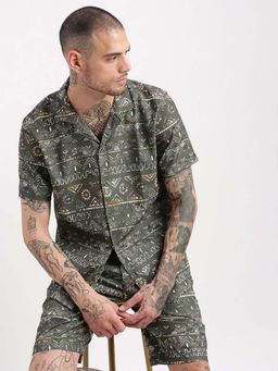 SHOWOFF - Mens Short Sleeves Printed Cuban Collar Olive Co-Ords (Set of 2)