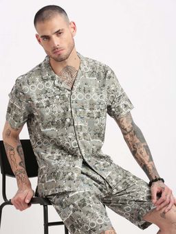 SHOWOFF - Mens Short Sleeves Printed Cuban Collar Green Co-Ords (Set of 2)