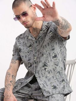 SHOWOFFFF - Mens Short Sleeves Printed Cuban Collar Grey Co-Ords (Set of 2)