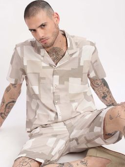 SHOWOFFFF - Mens Short Sleeves Geometric Print Cuban Collar Beige Co-Ords (Set of 2)