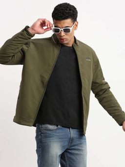 SHOWOFF - Mens Mock Collar Olive Solid Bomber Jacket