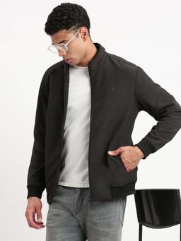 SHOWOFFFF - Mens Mock Collar Black Solid Bomber Jacket