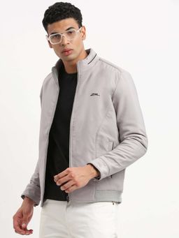 SHOWOFFFF - Mens Mock Collar Grey Solid Bomber Jacket