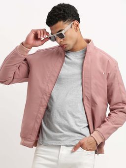 SHOWOFFFF - Mens Mock Collar Peach Solid Bomber Jacket