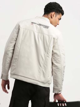SHOWOFF - Mens Mock Collar Cream Solid Bomber Jacket