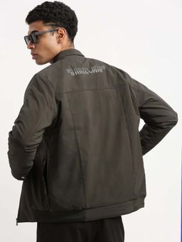 SHOWOFFFF - Mens Mock Collar Green Solid Bomber Jacket