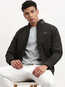SHOWOFF - Mens Mock Collar Black Solid Bomber Jacket