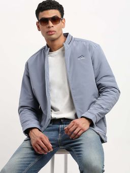 SHOWOFFFF - Mens Mock Collar Blue Solid Bomber Jacket