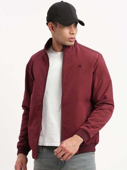 SHOWOFFFF - Mens Mock Collar Maroon Solid Bomber Jacket