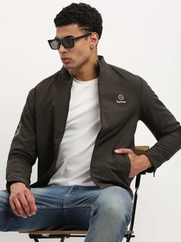 SHOWOFFFF - Mens Mock Collar Olive Solid Bomber Jacket