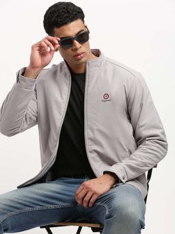 SHOWOFFFF - Mens Mock Collar Grey Solid Bomber Jacket