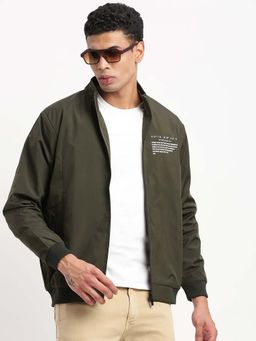 SHOWOFFFF - Mens Mock Collar Olive Solid Bomber Jacket