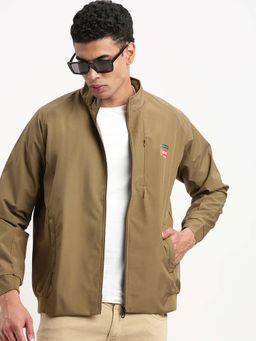 SHOWOFFFF - Mens Mock Collar Khaki Solid Bomber Jacket