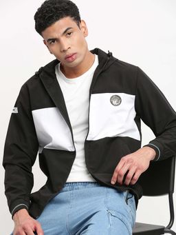 SHOWOFFFF - Mens Hooded Black Colourblocked Bomber Jacket