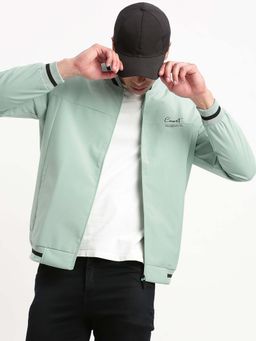 SHOWOFFFF - Mens Mandarin Collar Sea Green Solid Bomber Jacket