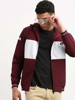 SHOWOFFFF - Mens Hooded Maroon Colourblocked Bomber Jacket
