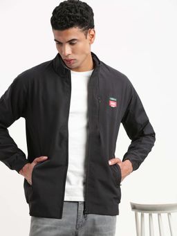 SHOWOFFFF - Mens Mock Collar Black Solid Bomber Jacket
