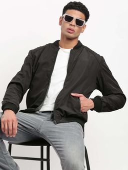 SHOWOFFFF - Mens Mandarin Collar Black Solid Reversible Bomber Jacket
