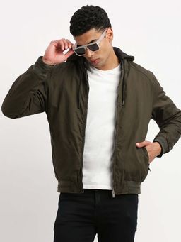 SHOWOFFFF - Mens Green Solid Reversible Bomber Jacket Comes with Detachable Hoodie