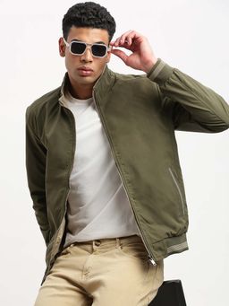 SHOWOFFFF - Mens Mock Collar Olive Solid Reversible Bomber Jacket