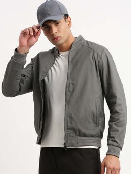SHOWOFF - Mens Mandarin Collar Grey Solid Reversible Bomber Jacket
