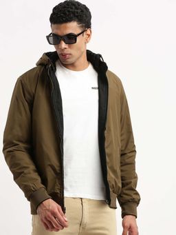 SHOWOFFFF - Mens Mock Collar Black Solid Reversible Bomber Jacket Comes with Detachable Hoodie