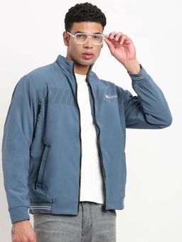 SHOWOFF - Mens Mock Collar Blue Solid Bomber Jacket