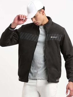 SHOWOFF - Mens Mock Collar Black Solid Bomber Jacket