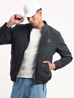 SHOWOFF - Mens Mock Collar Navy Blue Solid Bomber Jacket