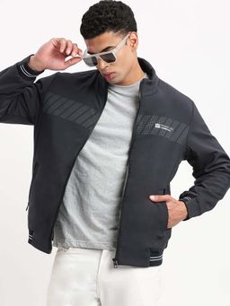 SHOWOFF - Mens Mock Collar Navy Blue Solid Bomber Jacket