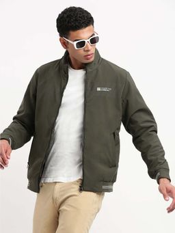 SHOWOFF - Mens Mock Collar Olive Solid Bomber Jacket