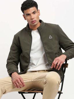 SHOWOFF - Mens Mock Collar Olive Solid Bomber Jacket