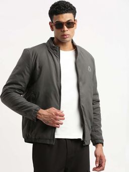 SHOWOFFFF - Mens Mock Collar Grey Solid Bomber Jacket