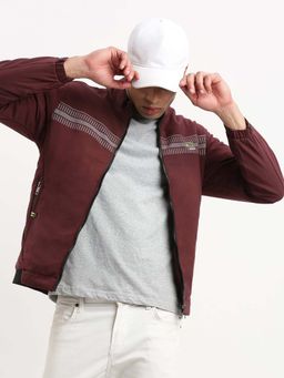 SHOWOFF - Mens Mock Collar Maroon Solid Bomber Jacket